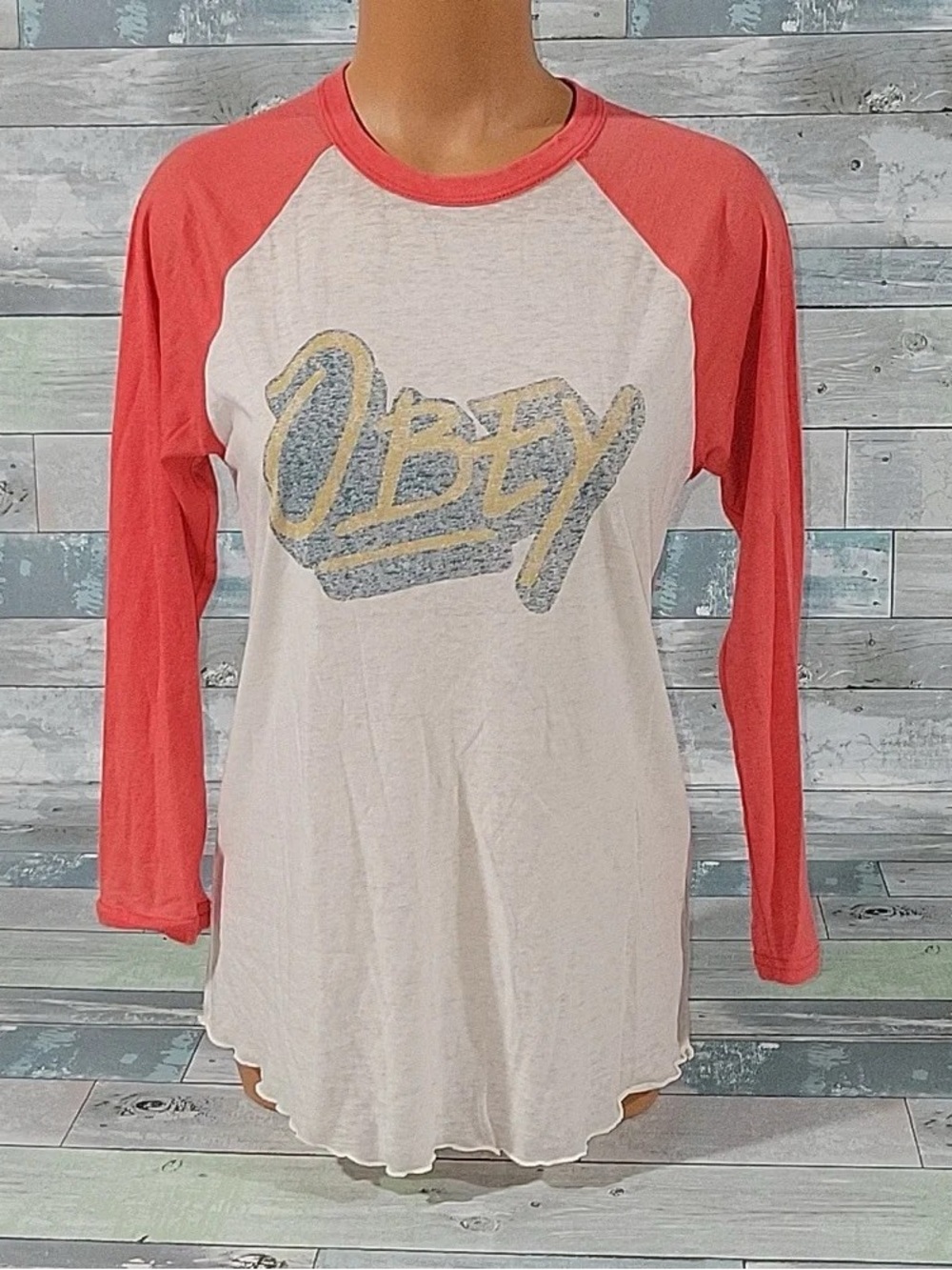 Obey Women's White and Coral Raglan Long Sleeve Tee